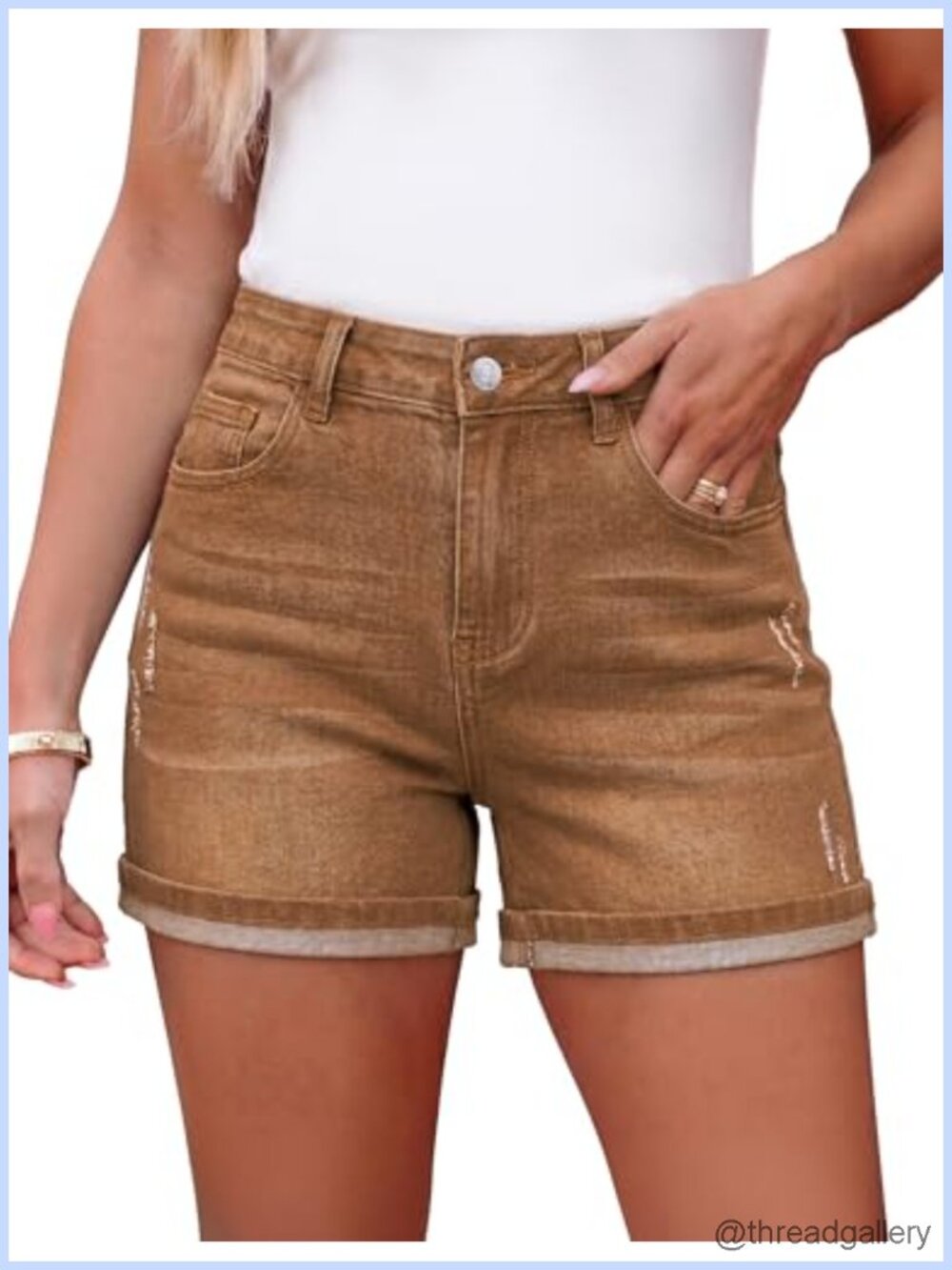 High Waisted Stretchy Denim Shorts Distressed Ripped Fold Hem Jorts